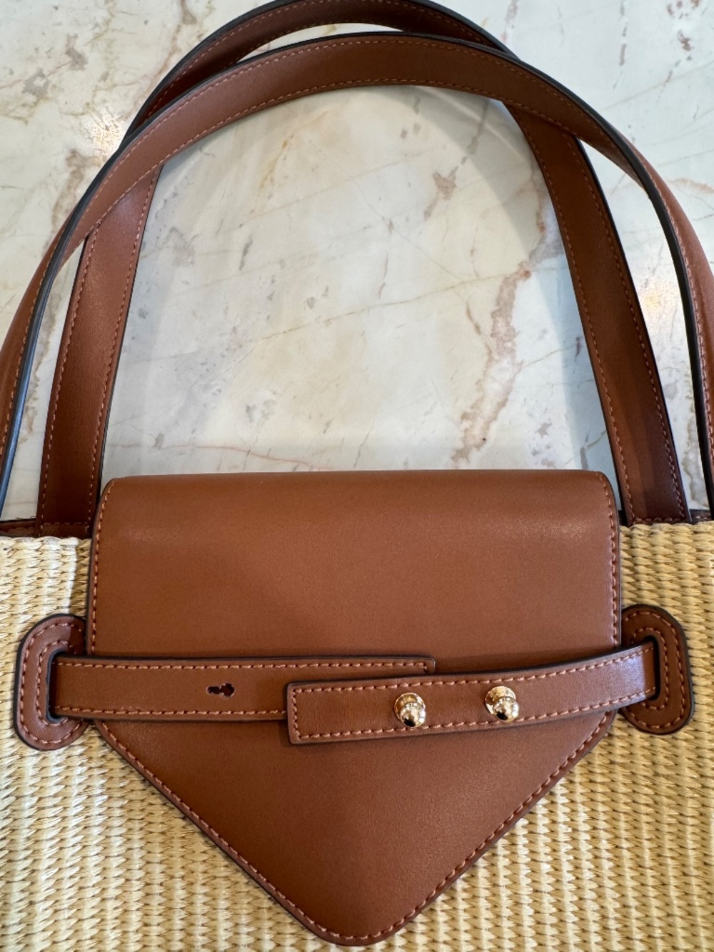 Tuckernuck Raffia Blaine Tote. Straw colored raffia w/ camel cow leather trim - Picture 8 of 9